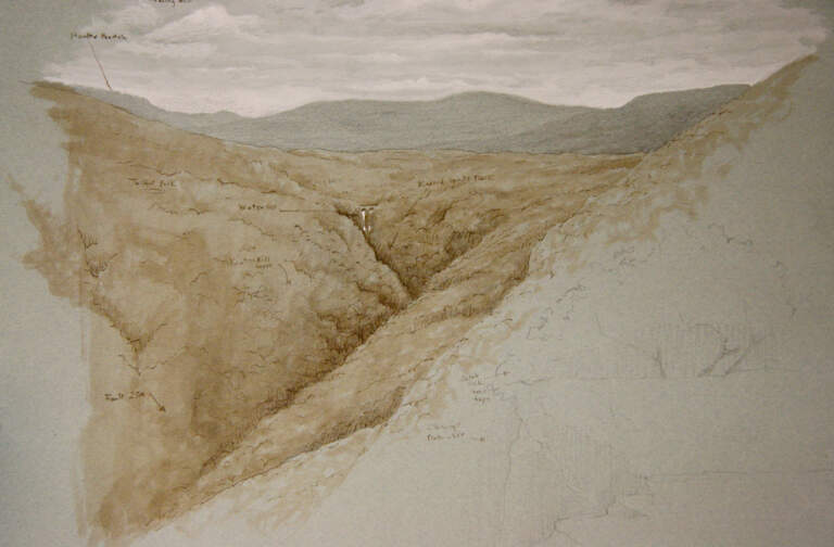 "Catksill - View at Sunset Rock", 9x12 sepia ink & gouache on toned paper