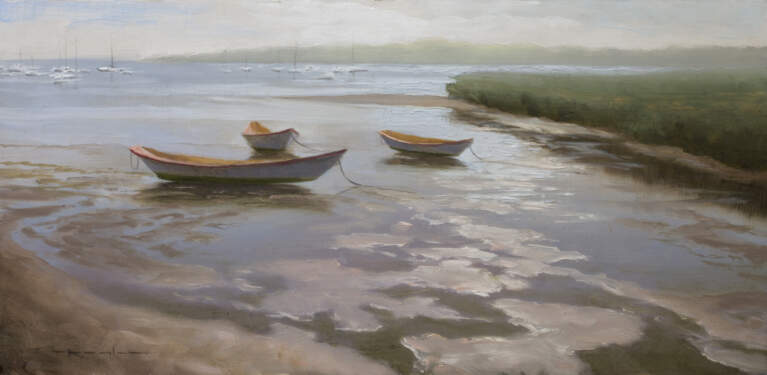 "Three Dories - Nantucket Harbor, 1 Timothy 6:6 " 8x16 oil on linen