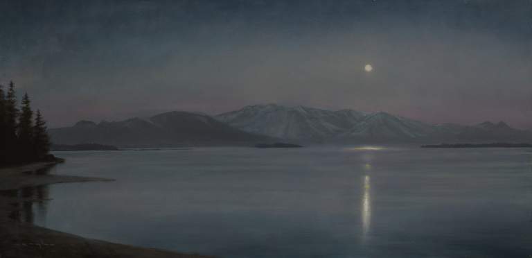 "Lake Moonrise, Romans 12:9" 12x24 Oil 