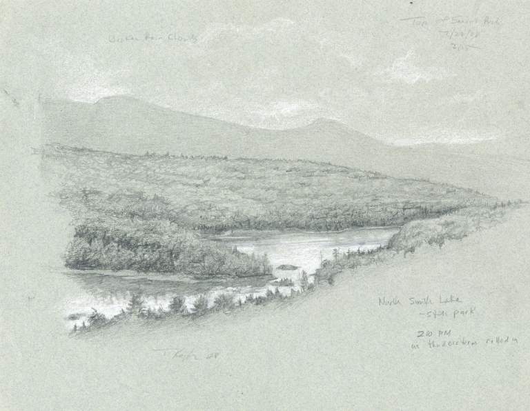 "North & South Lake - Catskills", 9x12 pencil on toned paper