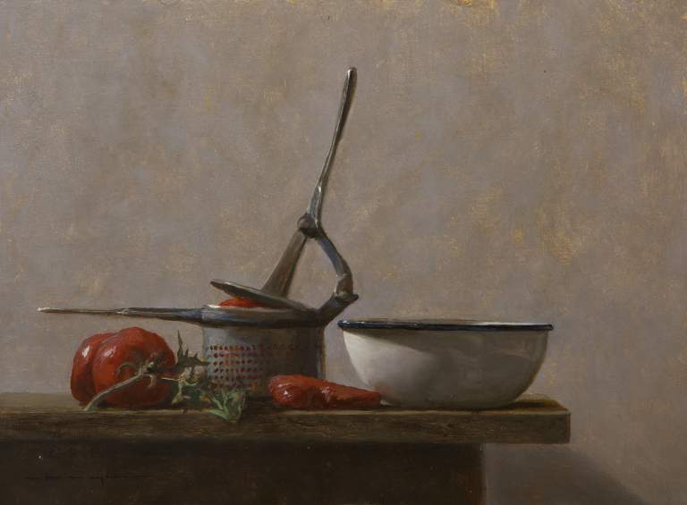 "Tomatoes & Bowl, Proverbs 15:17" 9x12 oil