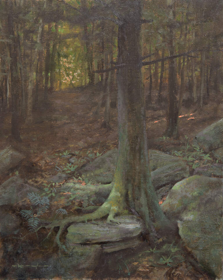 "Hemlock Forest, Psalms 29:9" 11x14 oil on linen