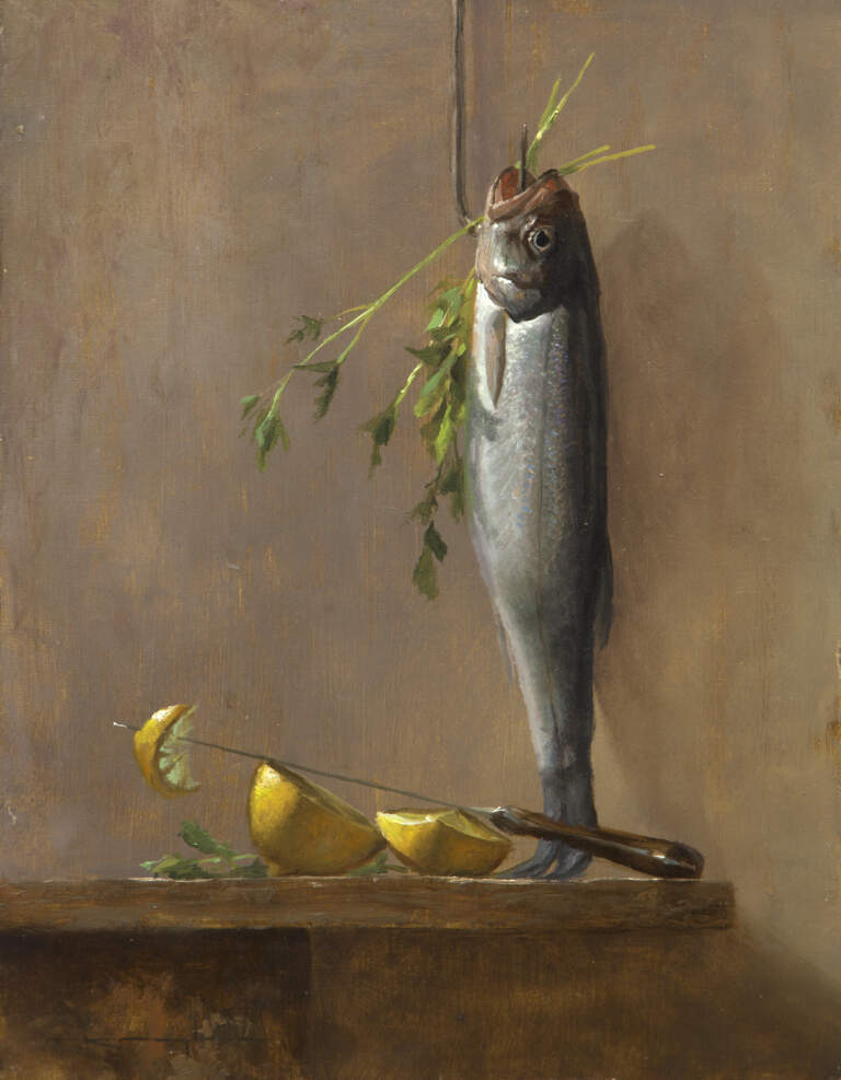 "Fish, Lemons, Parsley, Psalm 65:9" 9x12 oil