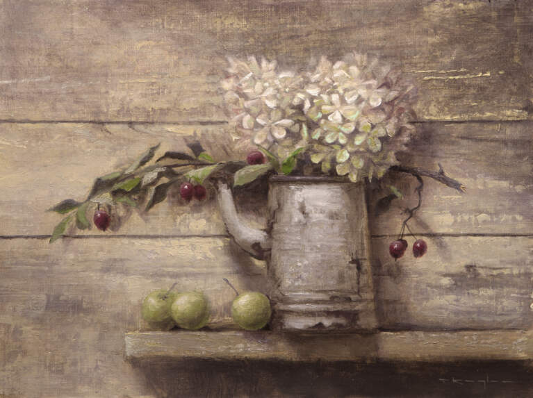 "Hydrangeas, Crabapple, and Wild Apples, Psalms 37:3” 12x16 Oil