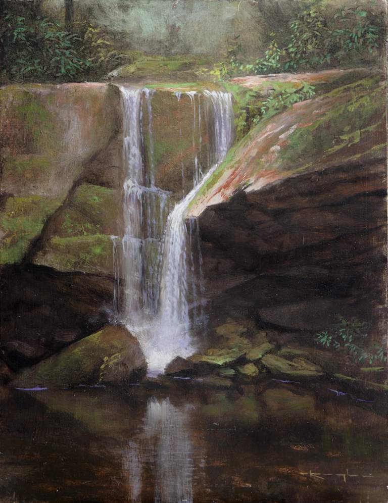 "A Waterfall in the Woods, 1 John 4:7 " 9x12 oil